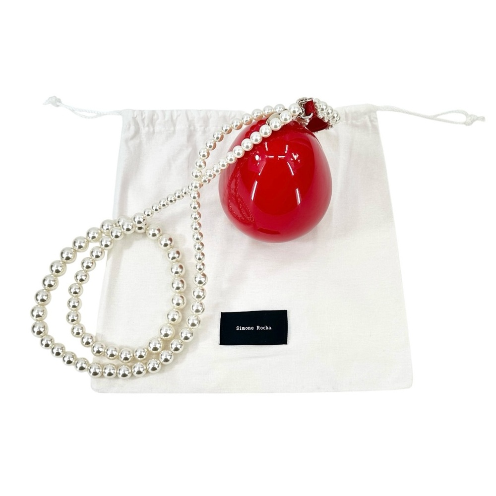 Simone Rocha Red Micro Embellished Faux Pearl Strap Hard Shell Egg Clutch Bag - Picture 14 of 16